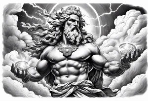 Zeus with Lightning in hands in the clouds tattoo idea