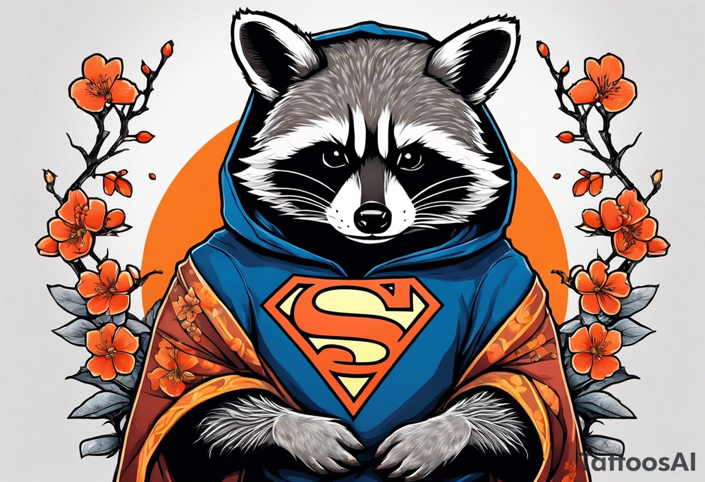 raccoon wearing a Superman hoodie with orange Japanese cherry blossoms tattoo idea