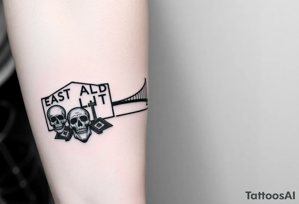 “East Palo Alto” city sign and “Newark” city sign on opposite sides of a bridge going across water in California with skulls and money and  scarface tattoo idea