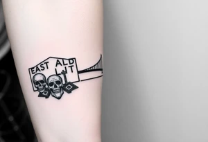 “East Palo Alto” city sign and “Newark” city sign on opposite sides of a bridge going across water in California with skulls and money and  scarface tattoo idea