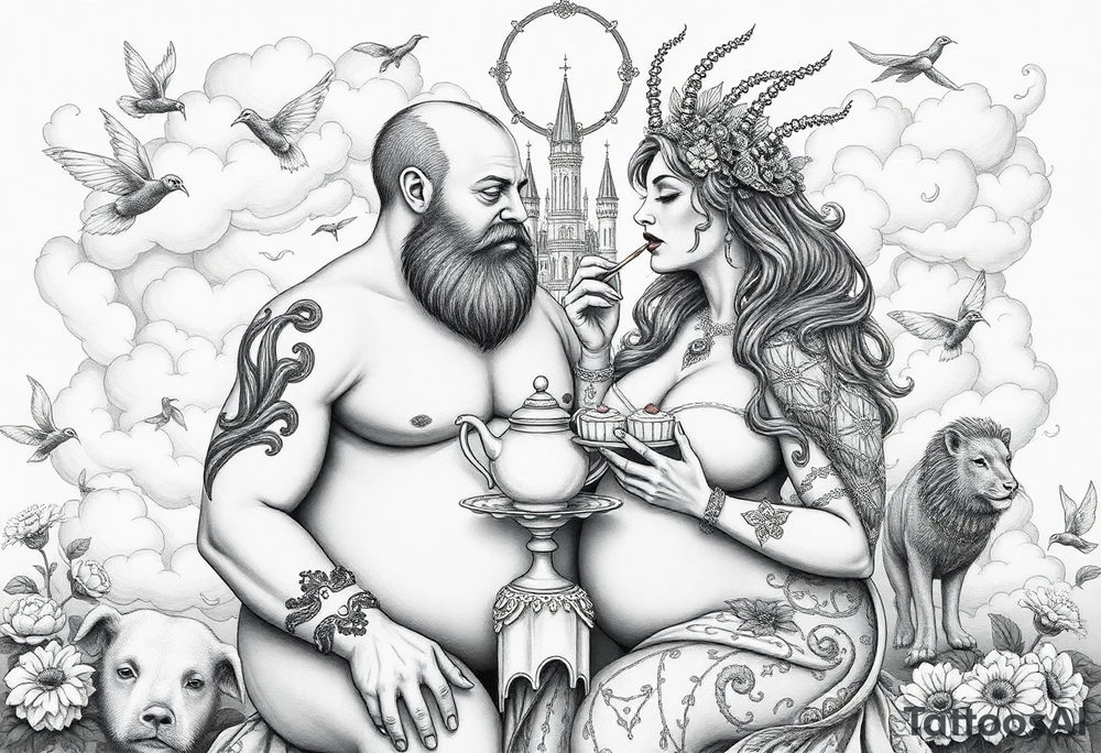 Mystical Naked Man and fat woman having sex eating cupcakes and  fruit  having sex clouds gothic sexy naked fat lady having a tea party with tea pot with fancy castle  
with a pigs, peacock,  lion, goat, noose and smoking cigerettes looking in the mirror thru storm clouds and broken hearts and darkness and wrath, envy , gluttony, greed, sloth, pride . Gothic tattoo idea