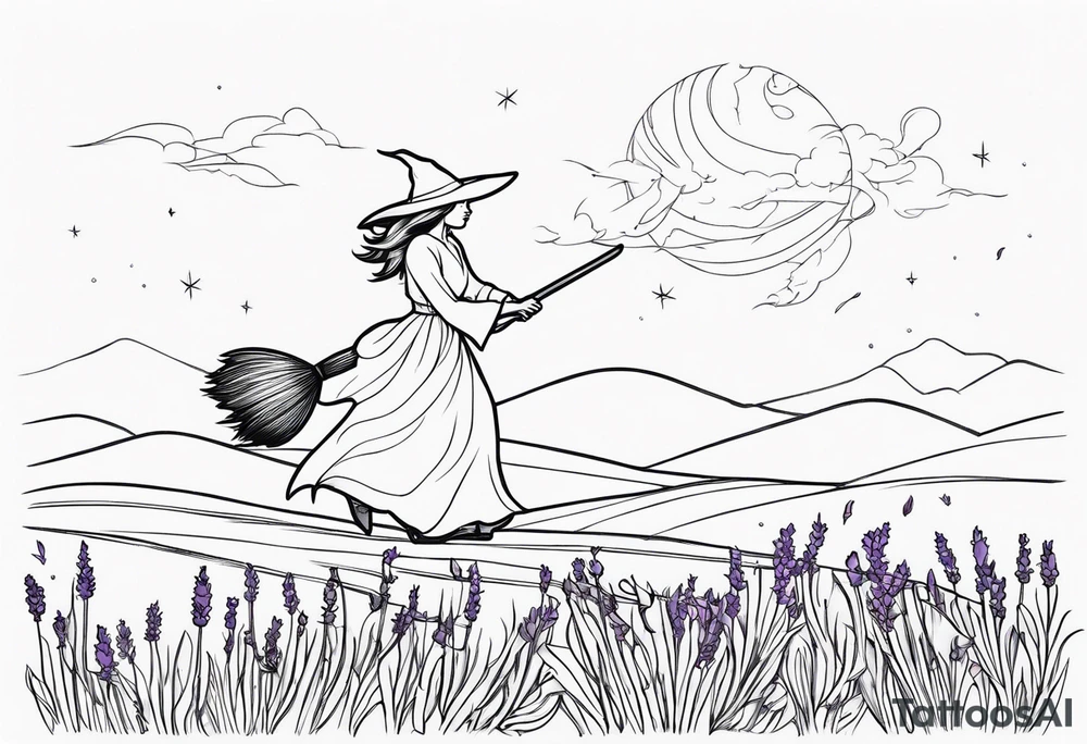 Witch on a broom flying over a field of lavender tattoo idea