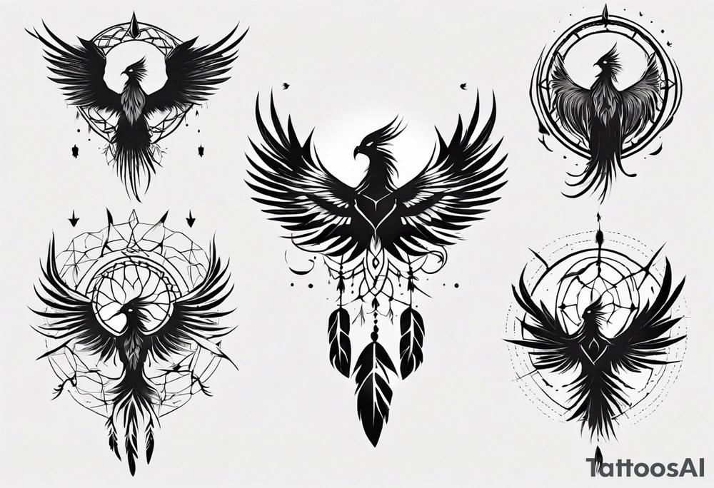 Phoenix flying firy dream catcher tattoo idea
