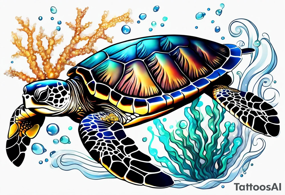sea turtle swimming with jelly fish and among star fish tattoo idea