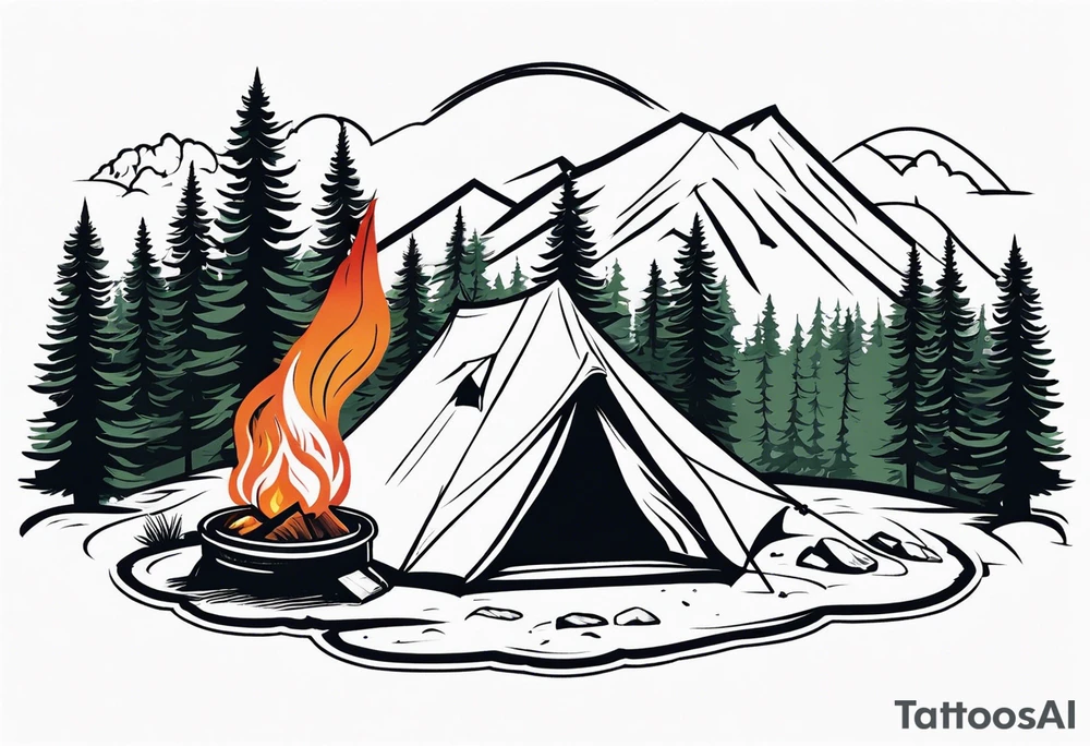 Campground with onr small tent and small fire pit with smoke billowing out of it. Forest of trees surrounding it with three large pine trees being the focus in the background. tattoo idea