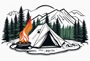 Campground with onr small tent and small fire pit with smoke billowing out of it. Forest of trees surrounding it with three large pine trees being the focus in the background. tattoo idea