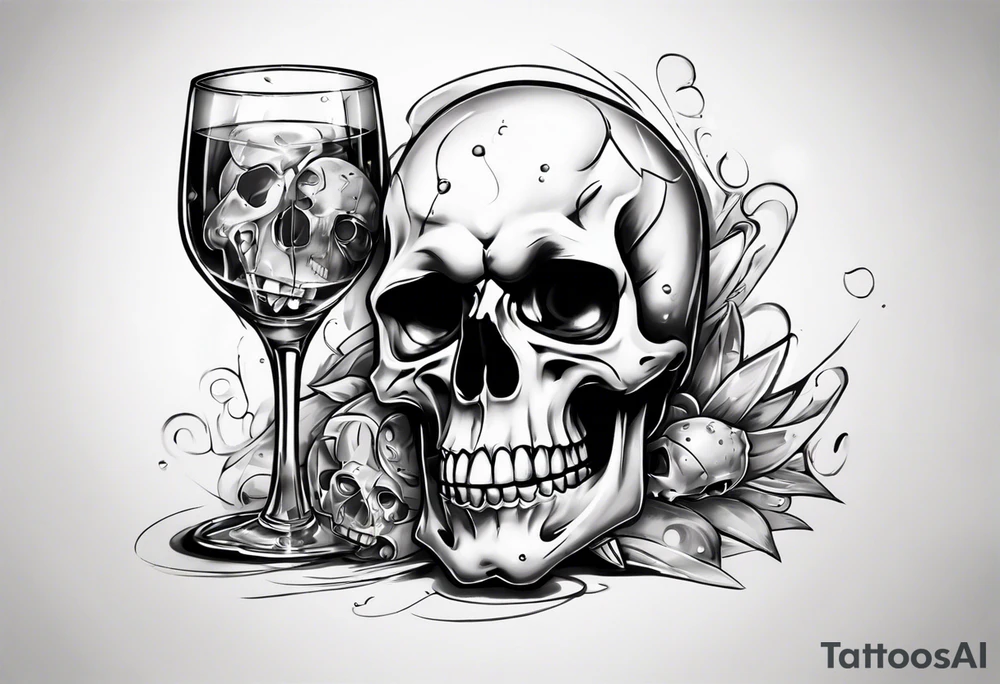 A happy, looking to the left scull inside the glass with alcohol and piece of lime tattoo idea