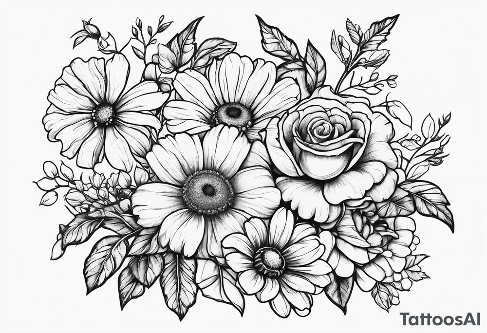 Roses, marigolds, cosmos, daisies, sweet peas and sunflowers vines long lines tattoo idea