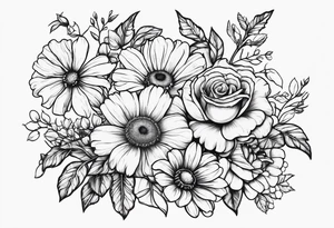 Roses, marigolds, cosmos, daisies, sweet peas and sunflowers vines long lines tattoo idea