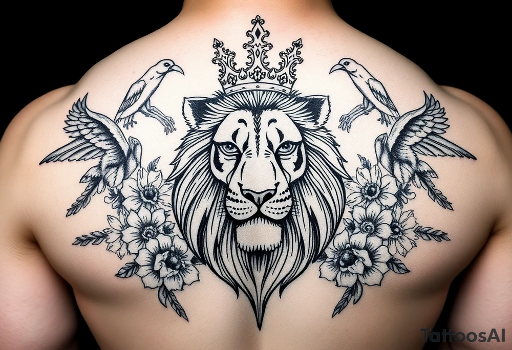 powerful majestic lion with a crown, surrounded by floral ornaments and birds tattoo idea