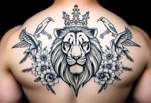 powerful majestic lion with a crown, surrounded by floral ornaments and birds tattoo idea