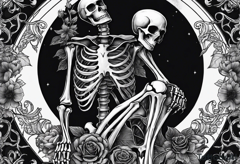 a full body skeleton sitting holding his heart in his hand tattoo idea