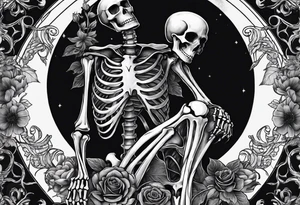 a full body skeleton sitting holding his heart in his hand tattoo idea