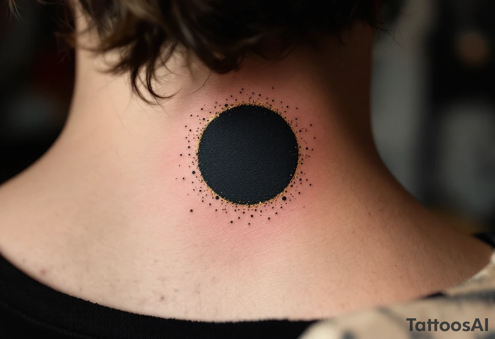 A solid black circle surrounded by a thin halo of gold dust speckles. tattoo idea