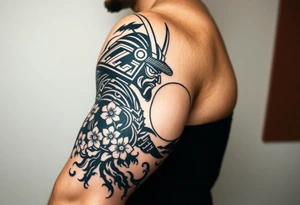 noble samurai warrior silhouette at sunset with cherry blossoms tattoo idea