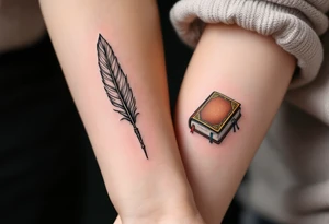 A detailed quill pen in black for him and a brown-gold book for her on the upper arm reflect writing your shared story. tattoo idea