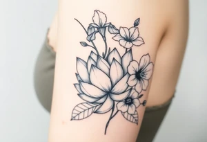 Lotus surrounded by Lilly of the valley on left side iris above and morning glory flowers to the right side. A heart chain and chain link weaved through whole tattoo tattoo idea