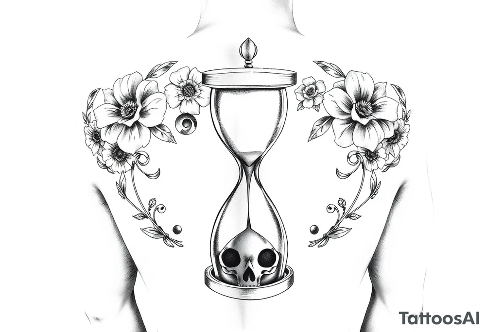 A back tattoo with soft matching florals on each shoulder going toward the middle of the back. In the middle theres an hourglass with a skull on the bottom that the sand is pouring into. tattoo idea