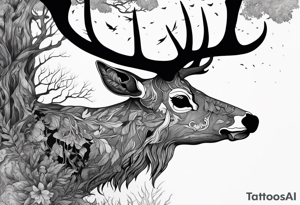 A side profile of decayed deer skull surrounded by trees and fire tattoo idea