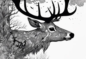 A side profile of decayed deer skull surrounded by trees and fire tattoo idea