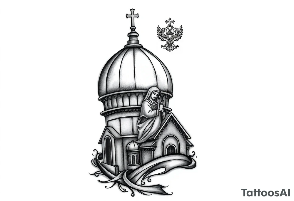 Flowing Scene

A onion dome orthodox church
Virgin Mary in prayer pose wrapping around the lower neck curve
A small double headed russian coat of arms eagle or just the star tucked above the dome near the hairline tattoo idea