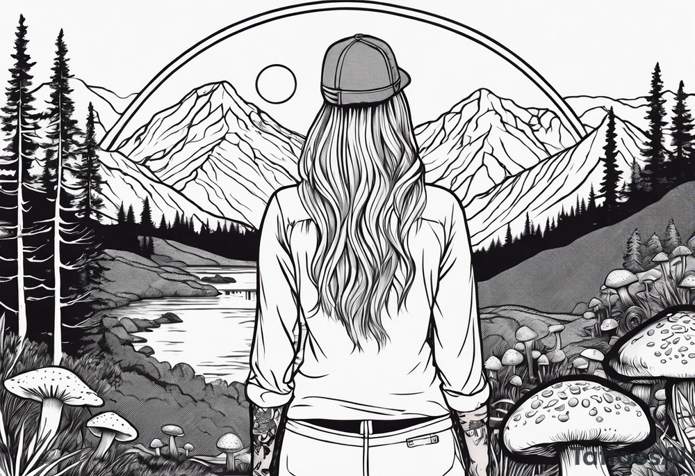Whole picture encircled fully

Straight long blonde hair hippie girl in distance holding mushrooms in hand facing away toward mountains and creek surrounded by mushrooms long sleeve shirt and hiking pants; whole rendering within a full circle, no cut off circle tattoo idea