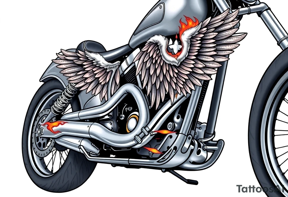 Low rider grey motorcycle, big muffler pipes with flames, angel wings tattoo idea