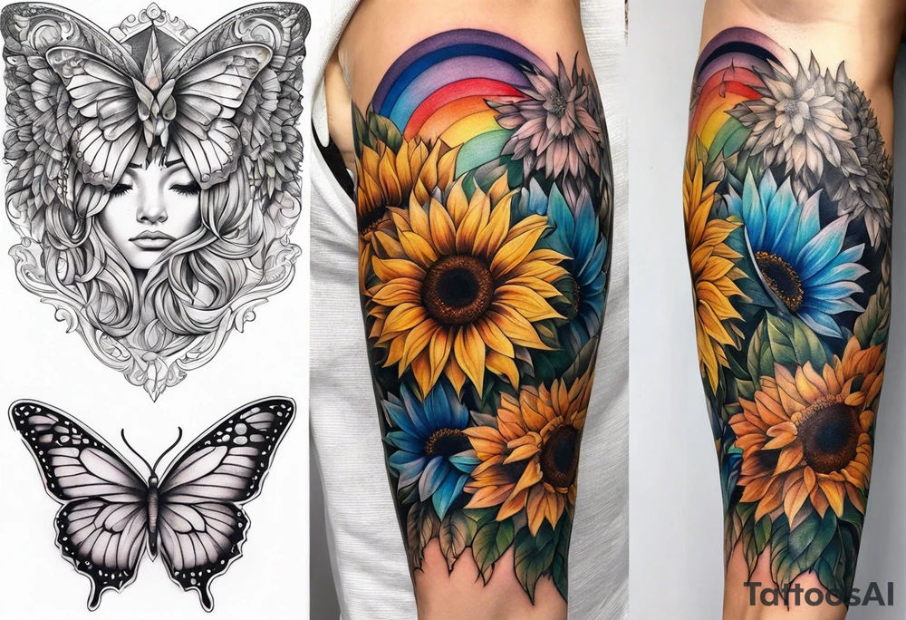 arm sleeve with angel wings and rainbow sunflowers and butterflies tattoo idea