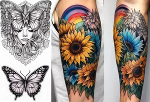 arm sleeve with angel wings and rainbow sunflowers and butterflies tattoo idea