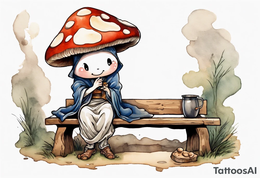 a mushroom wearing a medieval tunic sitting on a bench by a fireplace drinking from a wood cup, laughing tattoo idea