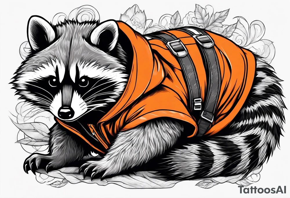 Raccoon wearing an orange Superman hoodie tattoo idea