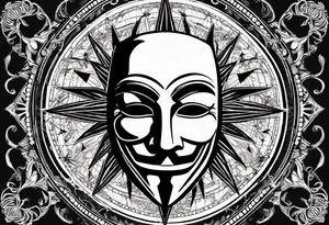 Centered v for vendetta, mask only. No hat.   Vintage compass surround. tattoo idea