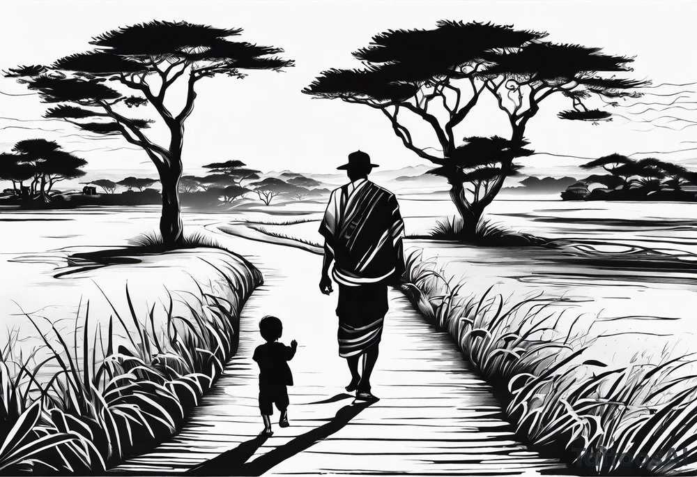 Child walking next to dad past away in Africa shape tattoo idea