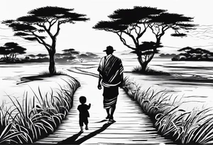 Child walking next to dad past away in Africa shape tattoo idea