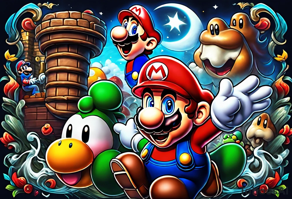 Mario brothers with ghosts and goombas with canons tattoo idea