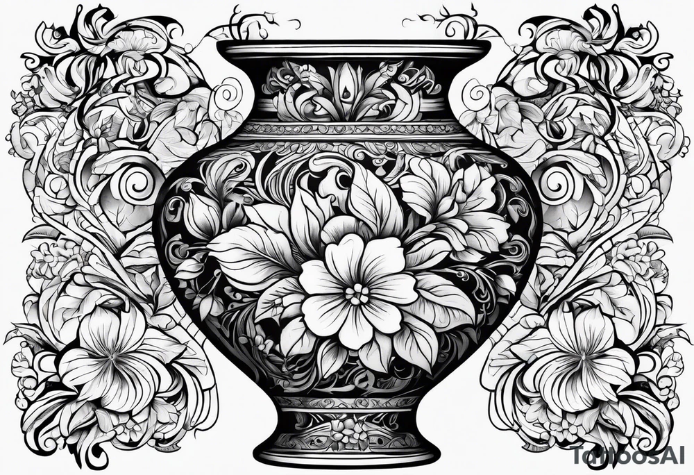 Traditional vase with patterns and flowers tattoo idea