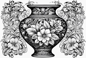 Traditional vase with patterns and flowers tattoo idea