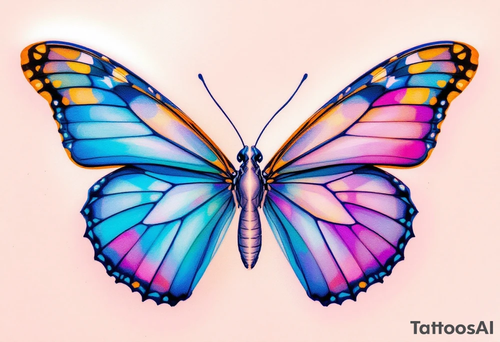 One has a half butterfly wing in shades of blue and violet, the other the mirrored wing, completing the butterfly across both bodies. tattoo idea