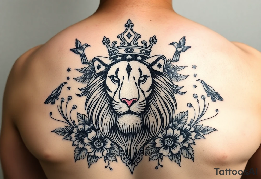 powerful majestic lion with a crown, surrounded by floral ornaments and birds tattoo idea