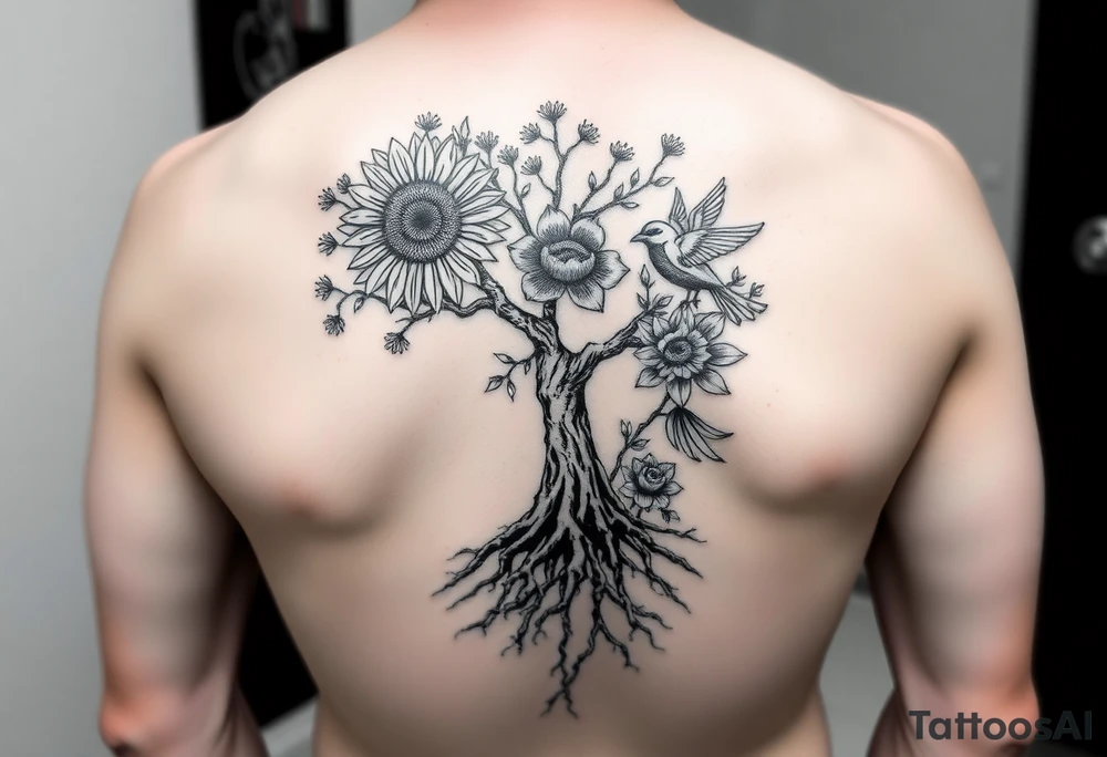 Tree with roots, sunflower, rose, and bird tattoo idea