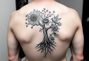 Tree with roots, sunflower, rose, and bird tattoo idea
