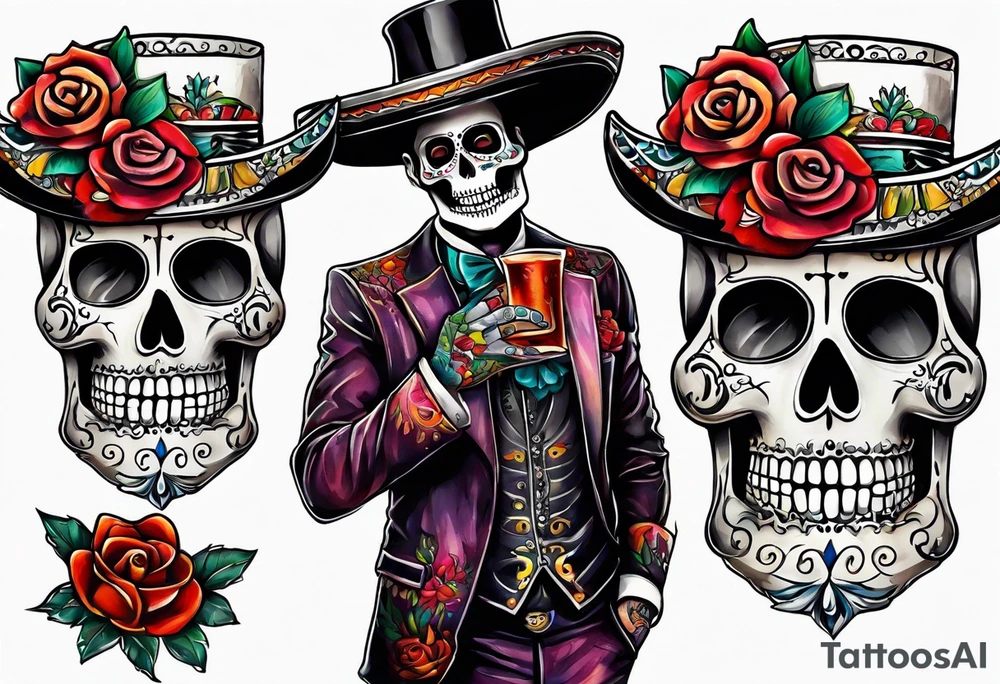 Mexico day of dead  man standing
 skeleton drink tattoo idea