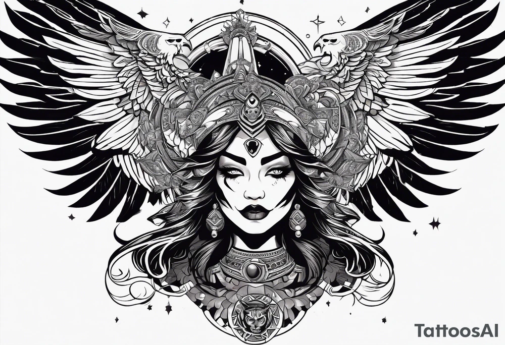 black kali, goddess pirate, alien, angel, pachamama, valkrye, warrior, flying, skull, lotus azul, wing, eagle, zenza resonance, stars, 5D, anahata chakra, death, durga, riding on a tiger, flying lady tattoo idea