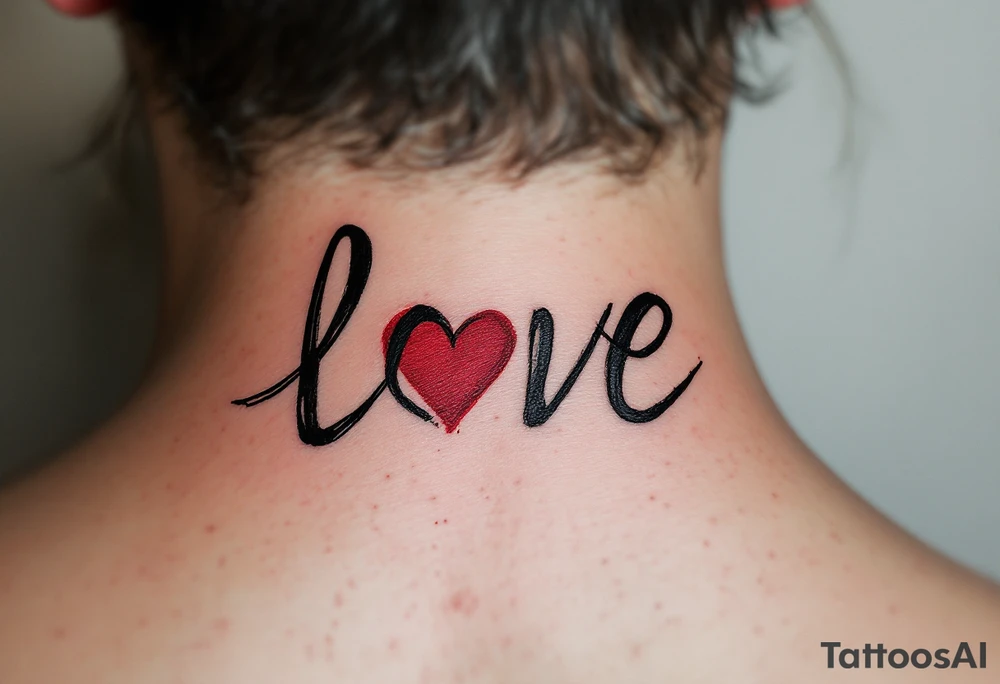Brushstroke style tattoo in dark ink love faith hope with a crimson heart replacing the letter "o" in "love". tattoo idea