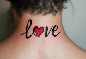 Brushstroke style tattoo in dark ink love faith hope with a crimson heart replacing the letter "o" in "love". tattoo idea