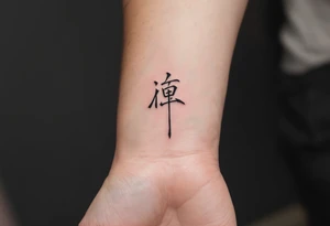 The bold black tattoo of "爱" (ài – love) on the wrist symbolizes eternal affection and passion. tattoo idea