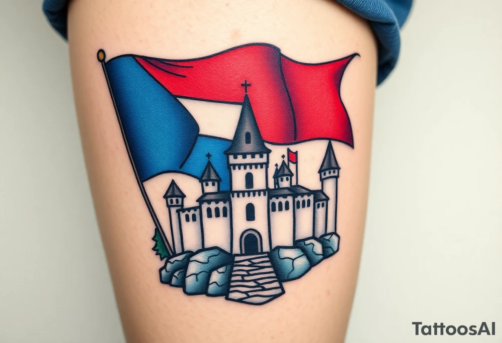 A Czech flag waving behind a medieval castle tattoo idea