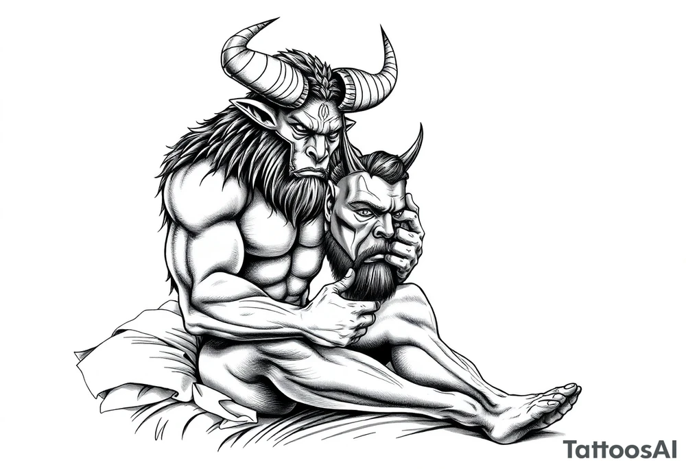 a minotaur holding a mans mask sittind on bed corner tattoo idea