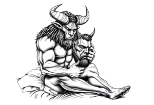 a minotaur holding a mans mask sittind on bed corner tattoo idea