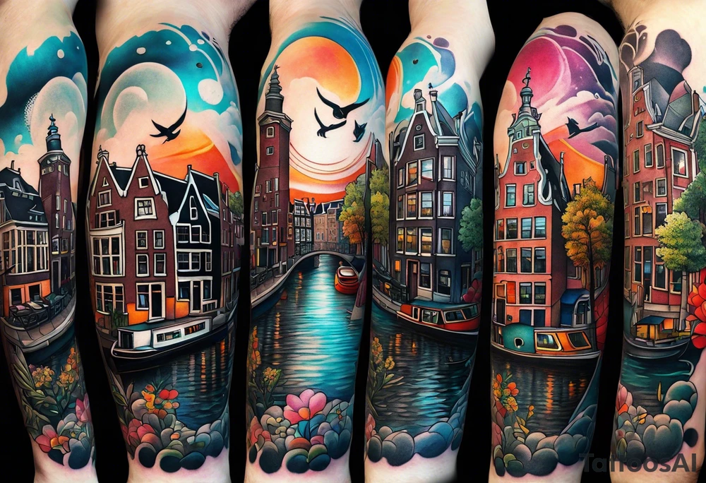 arm tattoo of stags and birds in Amsterdam canal featuring Amsterdam houses in space tattoo idea